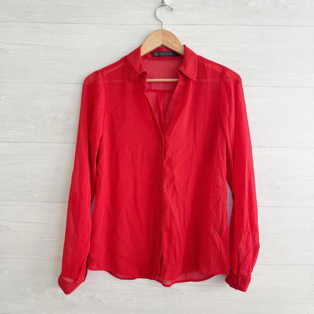 Outback Red - Red-orange black polka dot sheer v-neck button up shirt, S